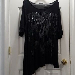 Women's Avenue Black Glitzy Asymmetrical Hem Short Sleeve Top Size 22/24